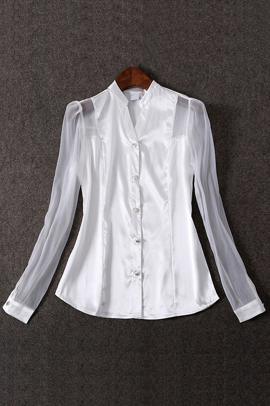 Stand Collar Sheer Mesh Sleeve Single Brested Blouse