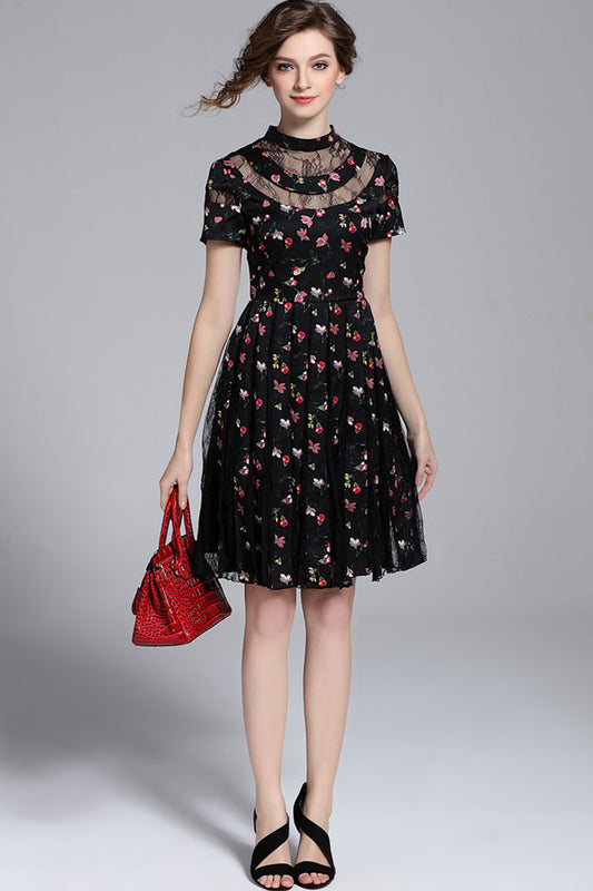WOMEN'S ELEGANT COCKTAIL PARTY LACE SHORT SLEEVE MIDI DRESS