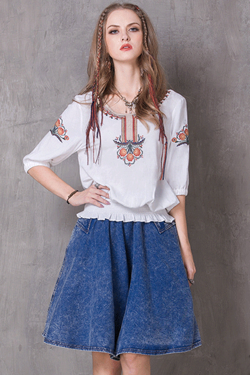 Causl Retro Embroidery Constraint Hem Tops
