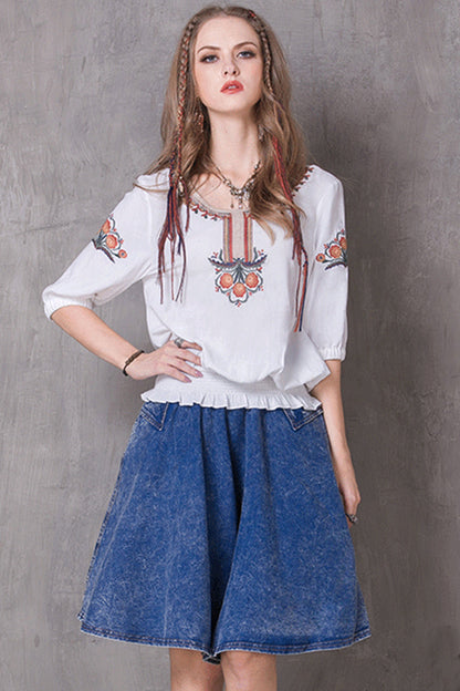 Causl Retro Embroidery Constraint Hem Tops