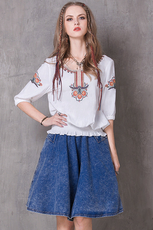 Causl Retro Embroidery Constraint Hem Tops