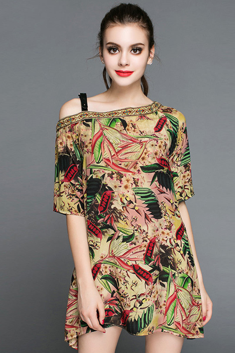 Slash Neck Short Sleeve Vintage Dress