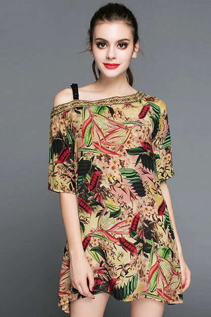 Slash Neck Short Sleeve Vintage Dress