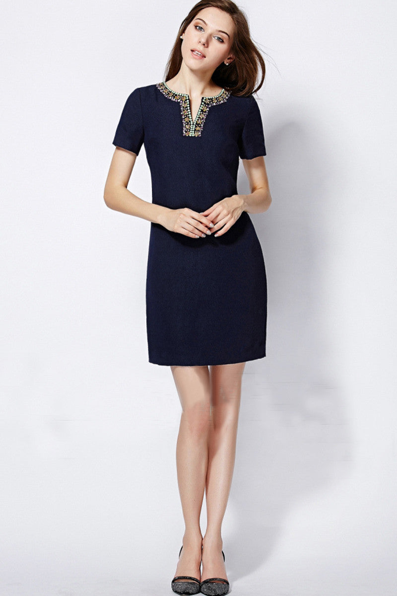 Slit Neck Beaded Applique Slim Dress