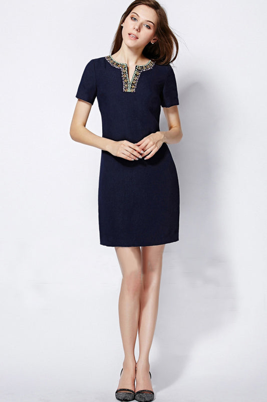 Slit Neck Beaded Applique Slim Dress