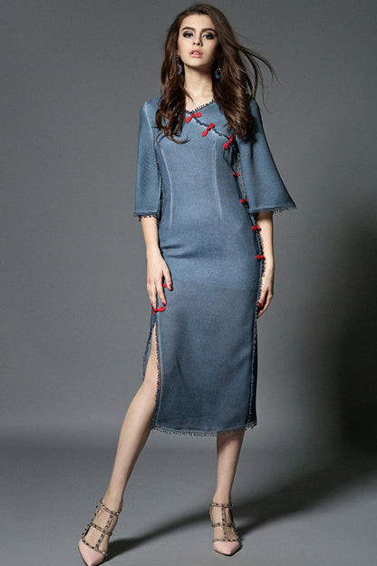VINTAGE HALF SLEEVE BATWING CASUAL ROUND NECK MIDI DRESS