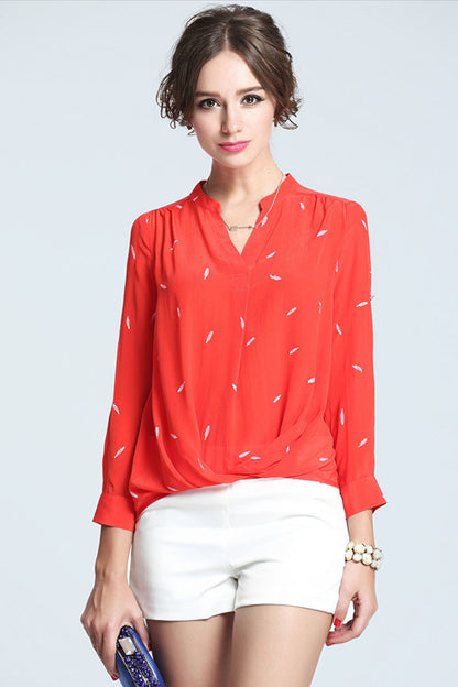 Slit V Neck Pattern Loose Blouse