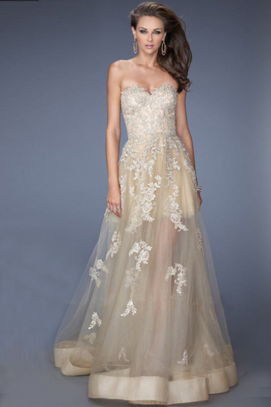 Strapless Sweetheart Lace Applique Sheer Tulle Backless Grown
