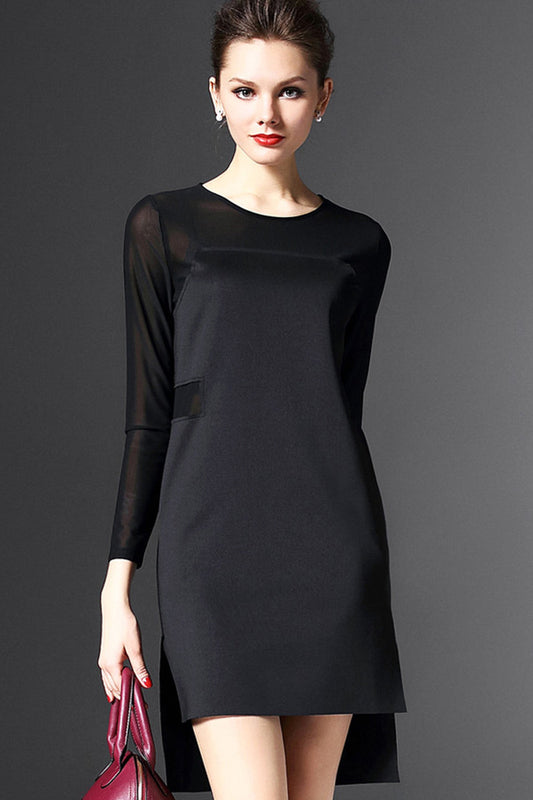 Round Collar 3/4 Sleeve Sheer Mesh Patch Irregular Side Slit  Dress