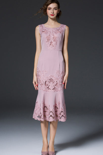 Square Neck Hollow Out Flow Lace Embroidery Mermaid Dress