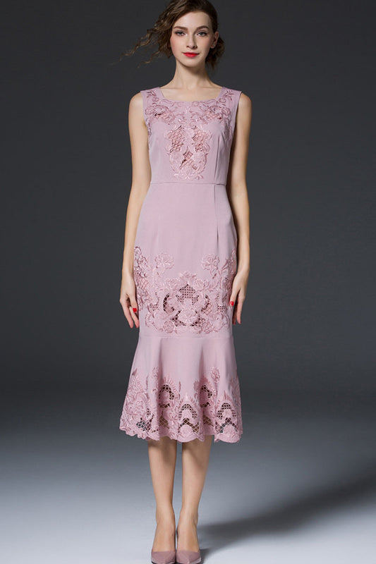 Square Neck Hollow Out Flow Lace Embroidery Mermaid Dress