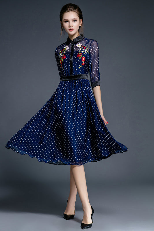 Lapel Neck Flowers Embroidery Flare Dress