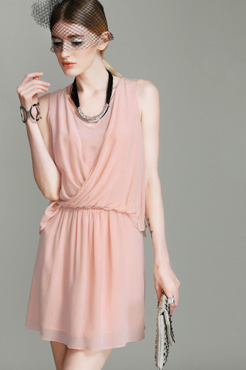 Cross V Neck Shirring Waist Dress