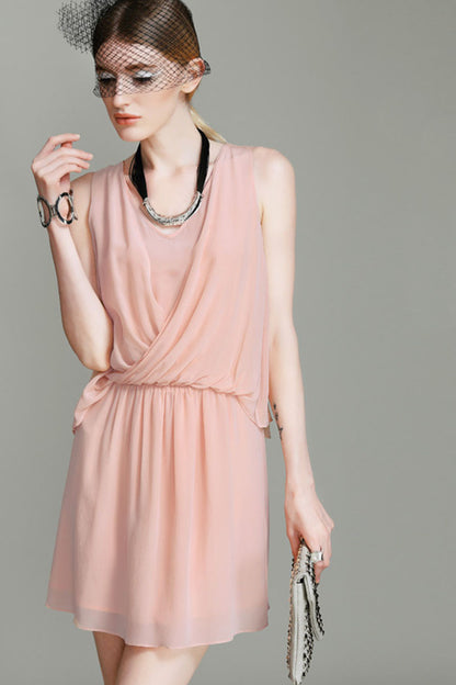 Cross V Neck Shirring Waist Dress