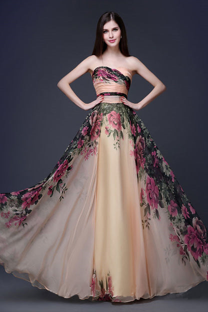 Strapless Sweeatheart  Floral  Chiffon Tulle Overlay Grown