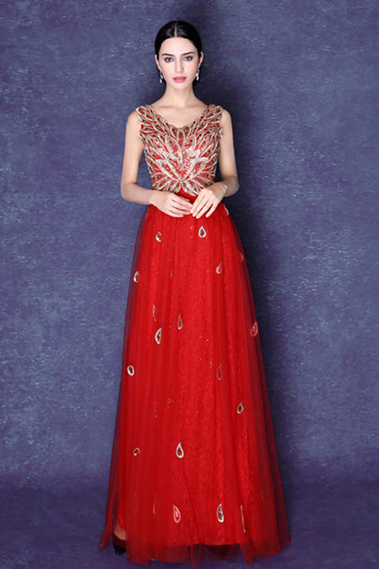 V Neck Sleeveless Rhinestone Sequin Tulle Grown Dress