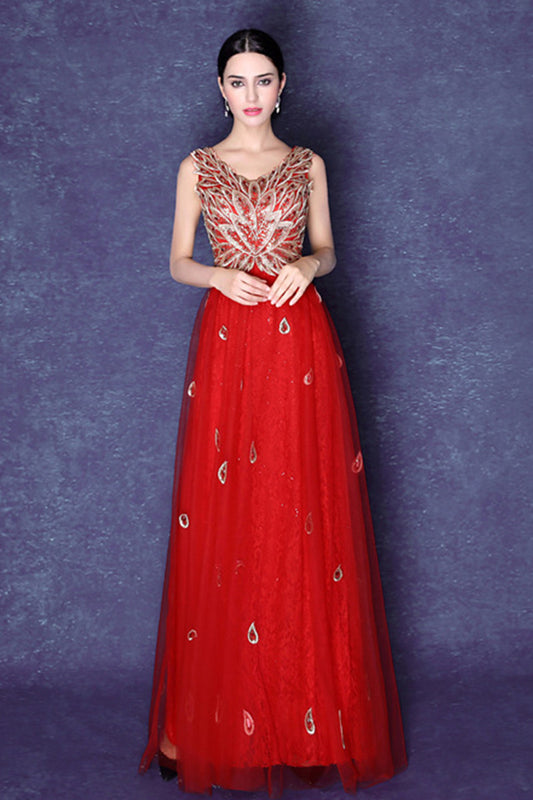V Neck Sleeveless Rhinestone Sequin Tulle Grown Dress