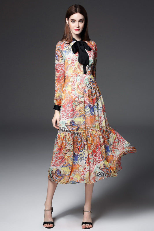 Bowknot Neck Multi-Color Retro Pattern Flare Dress