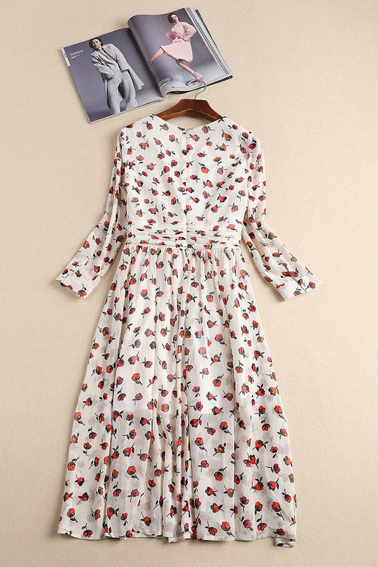 V-Neck  Floral Pattern Slim Chiffon Dress - NJOYDRESS - 1