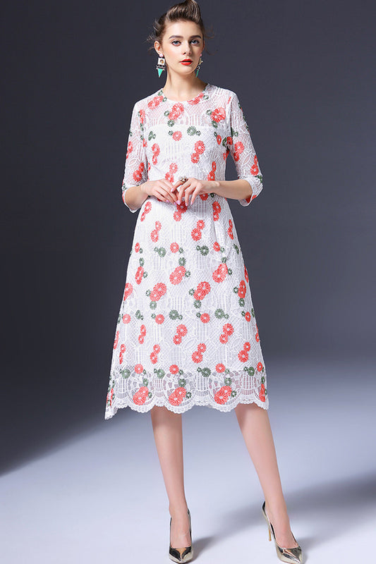 WOMEN'S ELEGANT PRINT AND FLORAL 3/4 SLEEVE ROUND NECK VOCATION MIDI DRESS