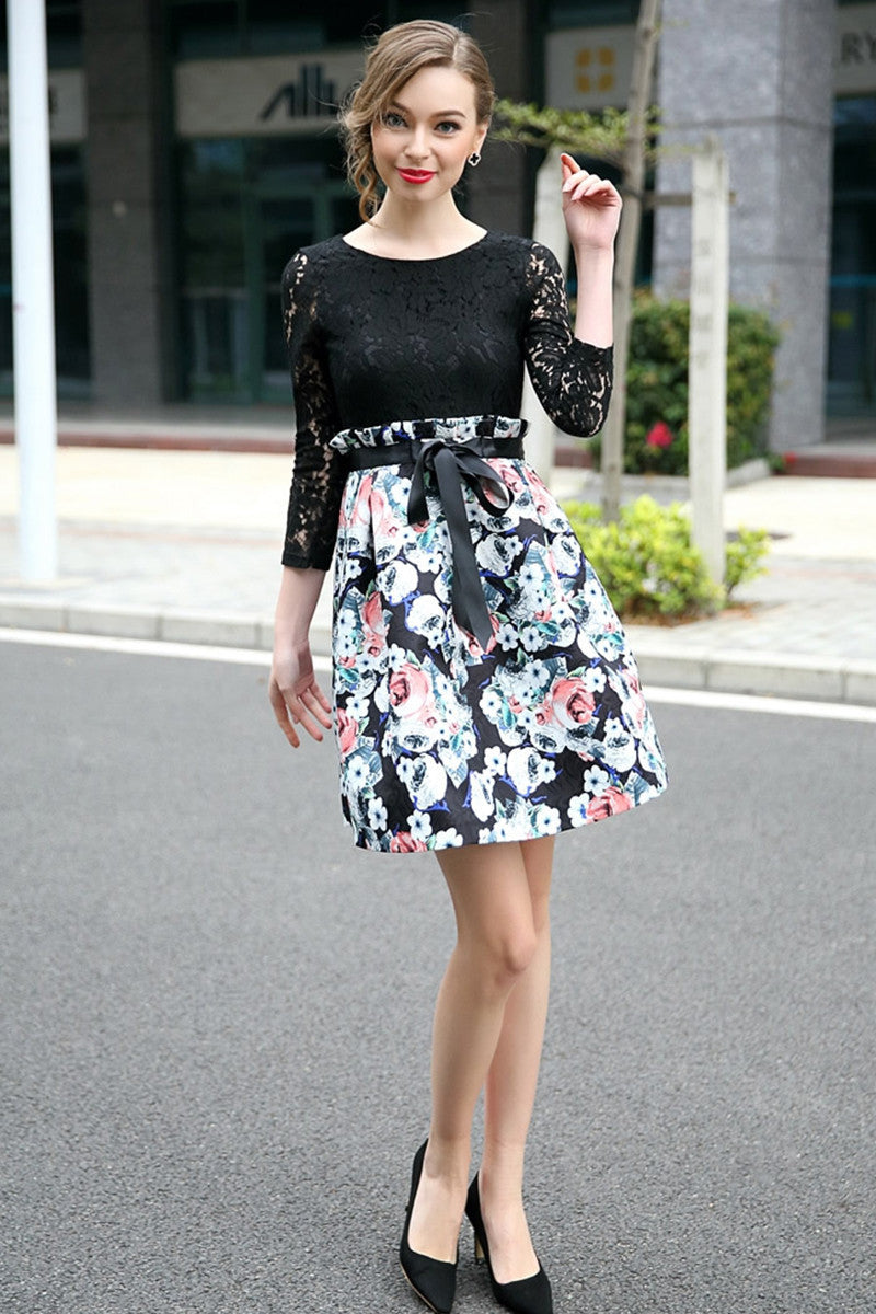 Lace Top With Ruffle Waist Flared Skirt Dress