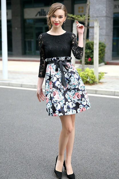 Lace Top With Ruffle Waist Flared Skirt Dress