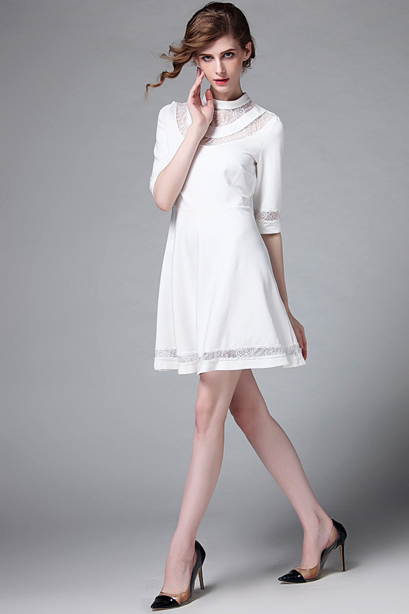 WOMEN'S LACE ROUND NECK CASUAL GRACE HALF SLEEVE SHORT DRESS