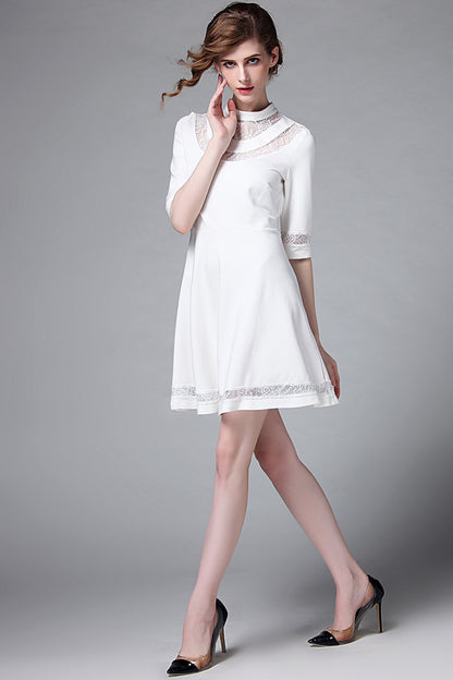 WOMEN'S LACE ROUND NECK CASUAL GRACE HALF SLEEVE SHORT DRESS