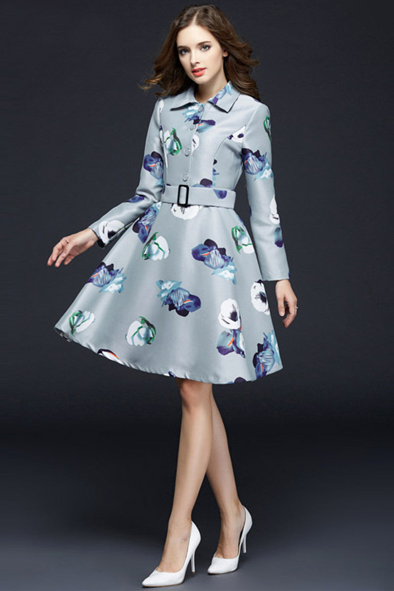 Multi Floral Lapel Flared Dress With Belt