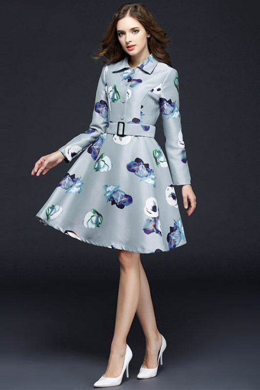 Multi Floral Lapel Flared Dress With Belt