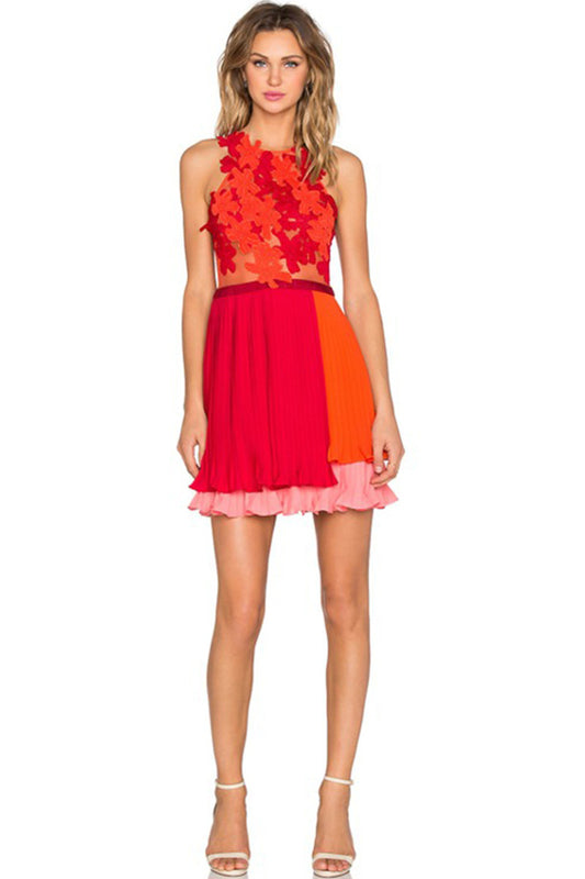 Color Block Rosette Top With Tiered Pleated Short Cocktail Dress