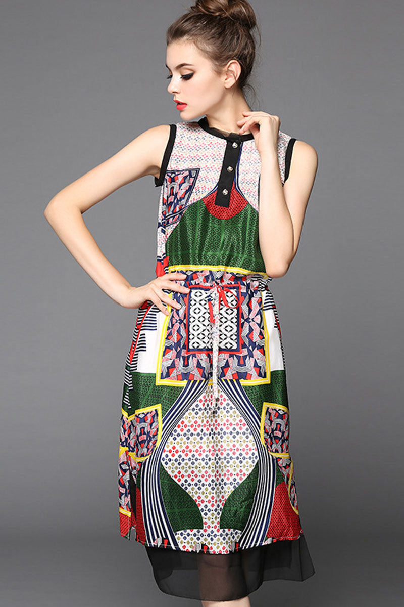Round Collar Pope Pattern Mesh Patch Lacing Waist Dress