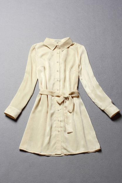 Lapel Neck Suede Lacing Waist Shirt Dress