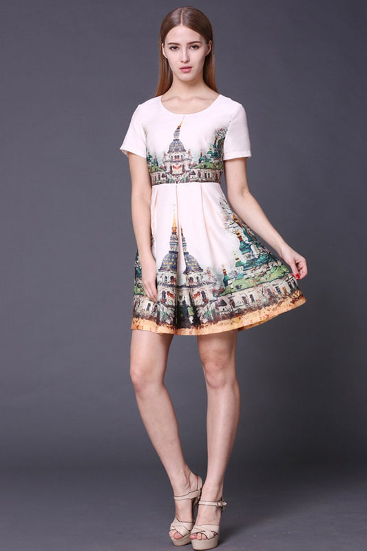 Short Sleeve Digital Printing Pleated Dress