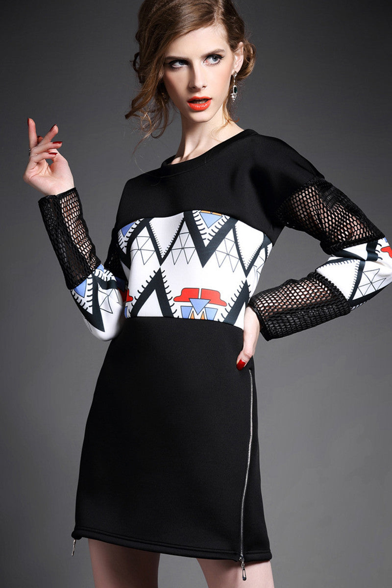 WOMEN'S CASUAL ROUND NECK BLACK PRINTING LONG SLEEVE LOOSE DRESS