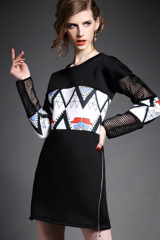 WOMEN'S CASUAL ROUND NECK BLACK PRINTING LONG SLEEVE LOOSE DRESS