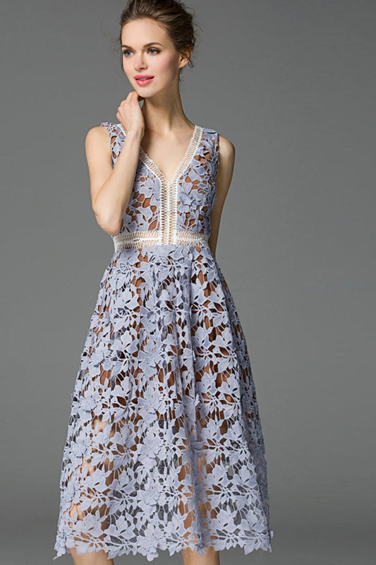 V Neck Lace Hollow-Out Flare A-Line Dress