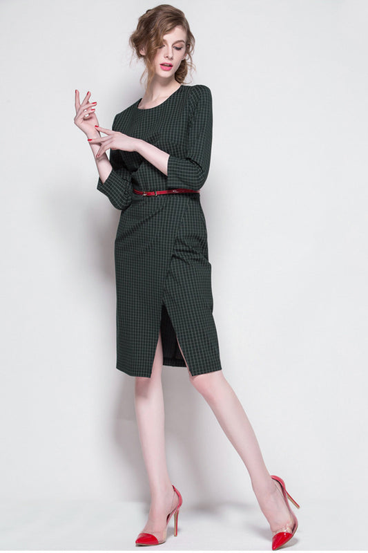 Women's Slim Fit Elegant Boat Neck Wear to Work Green Dress