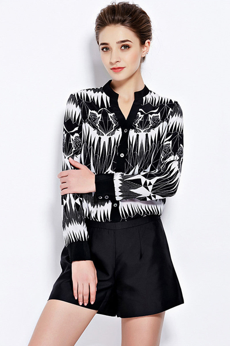 Slit V Neck Thunder Print Blouse