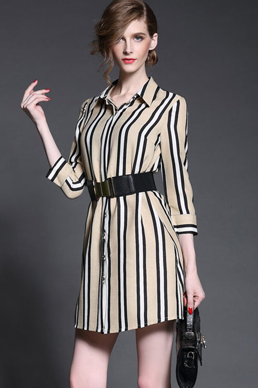 1 Women's Polo Neck Shirt Half Sleeve Slim Stripe Dresses With Belt - NJOYDRESS - 1