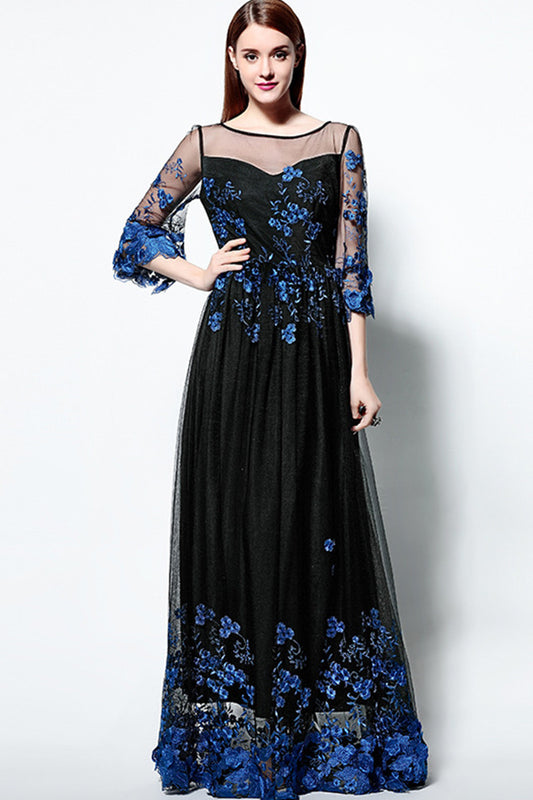 Embroidered With Rosette Illusion Long Cocktail Dress