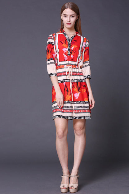 Tribal Pattern Blouse Short Dress With Draw Cord