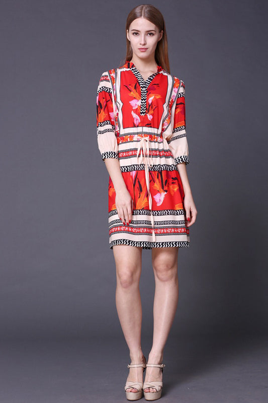 Tribal Pattern Blouse Short Dress With Draw Cord