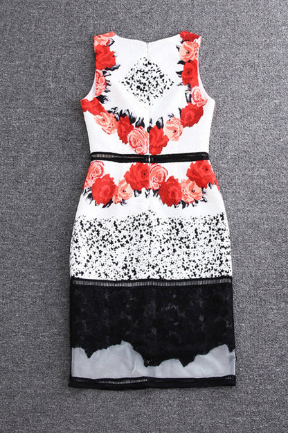Lace-Paneled  Rose Printed Cocktail Dress