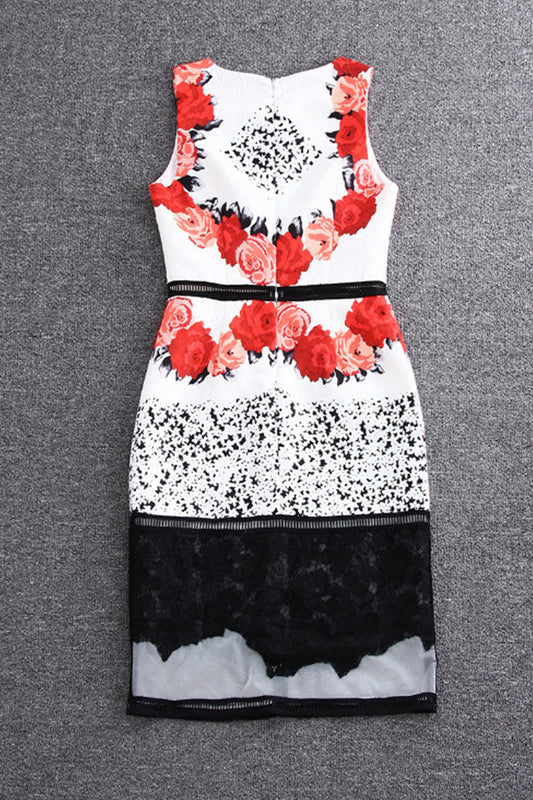 Lace-Paneled  Rose Printed Cocktail Dress