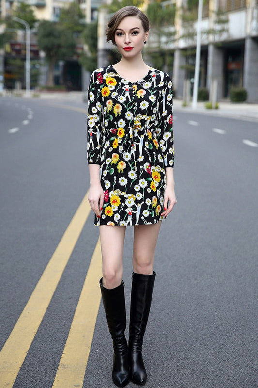 Little Daisy Floral Printing With String On Waist Short Dress