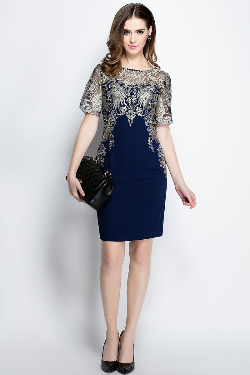 Round Collar Top See Through Mesh  Embroidery  Gown Slim Wrap Dress