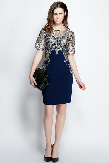 Round Collar Top See Through Mesh  Embroidery  Gown Slim Wrap Dress