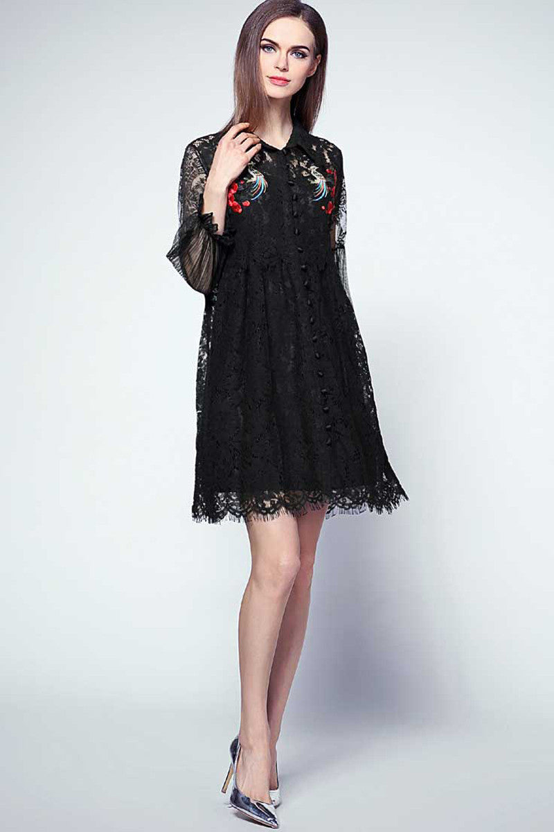 WOMEN'S CASUAL POLO NECK LACE LONG SLEEVE DRESS