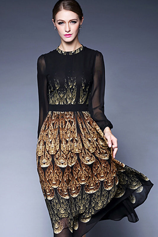 WOMEN'S ELEGANT ROUND NECK DRESS LONG LACE SLEEVE PRINTING DRESS